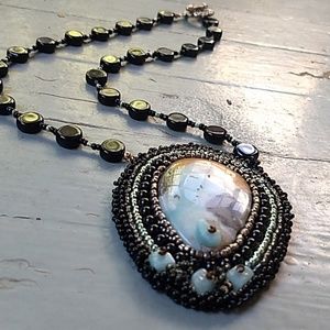 Hand beaded larimar statement necklace